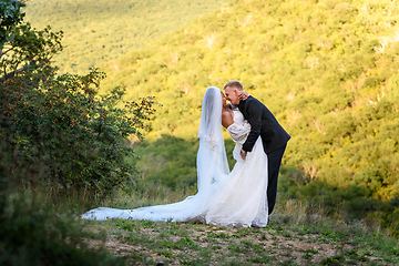 Image showing Full-length portrait of the newlyweds against the backdrop of brightly lit foliage, the newlyweds passionately embrace