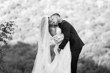 Image showing Happy newlyweds hugging against the backdrop of evening sunny foliage, black and white version