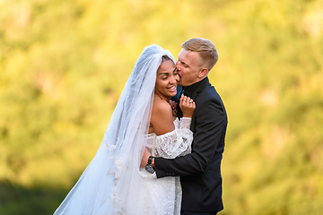 Image showing Happy newlyweds are hugging against the backdrop of sunny evening foliage, the guy is trying to cheerfully bite the girl