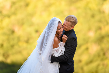 Image showing Happy newlyweds hugging against the backdrop of sunny evening foliage