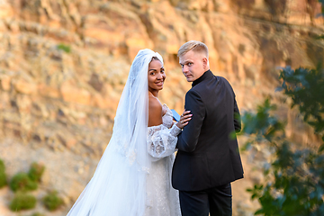 Image showing Happy newlyweds turned around and looked into the frame