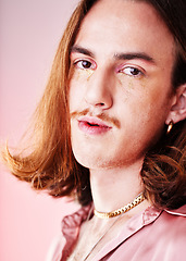 Image showing Gen z, man and portrait with makeup and retro fashion with pink background in studio. Pop art aesthetic, creative cosmetics and hipster male model with vintage flower power style and lgbtq creativity