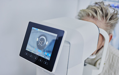 Image showing Optometry, machine and woman with vision test, eye correction and retina consultation. Healthcare, ophthalmology and patient having a scan on eyes with a monitor for optical examination and eyesight