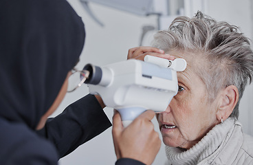 Image showing Optometrist, eye test and senior woman patient in healthcare checkup for sight or vision at optometry clinic. Female optician checking eyes of elderly customer in examination for visual aid or help