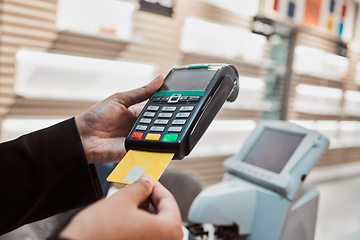 Image showing Hands, credit card and machine for banking transaction, ecommerce or payment at clinical store. Hand of customer making purchase or debit insert for electronic pay, bank or buying at optometry shop