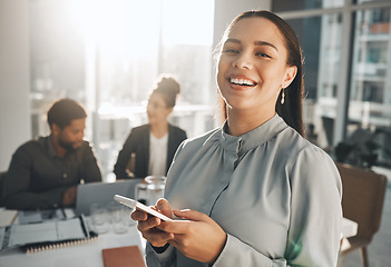 Image showing Portrait, phone and vision with a business black woman in her office, sending a text message for communication. Smile, mobile and contact with a happy female employee networking or texting at work