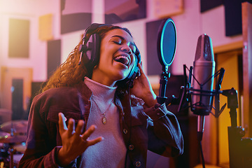 Image showing Recording, music and woman singing in a studio for radio, song production and rehearsal. Creative, voice and singer making a record, track or musical sound with a talent as a professional artist