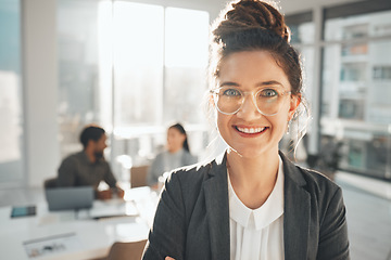 Image showing Portrait of business woman in office management, company vision and happy for career opportunity, goals and leadership. Professional worker or person face in meeting for workflow, agenda and planning