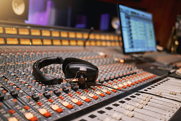 Image showing Sound board, music and production with headphones in recording studio with creativity and audio equipment. Mixing console, dj and technology with art, amplifier and produce song with entertainment