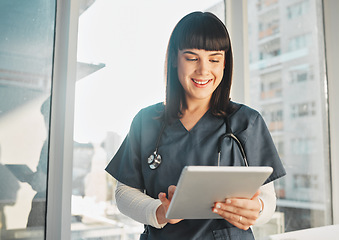 Image showing Medical, research and nurse with tablet for clinic management, software and digital results check. Happy doctor, woman or person with healthcare technology app for telehealth planning and solution