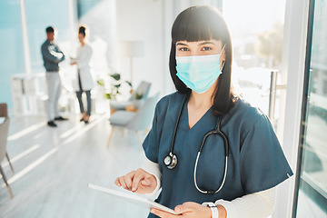 Image showing Covid, research and portrait of a doctor with a tablet for medicine, communication and schedule. Healthcare, internet and female nurse with a face mask for virus and technology for nursing agenda