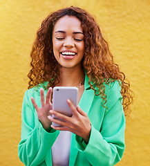 Image showing Beauty, phone and black woman isolated on yellow background for online search, makeup blog or fashion color tips. Young model or person typing on mobile app or smartphone for happy sale or discount