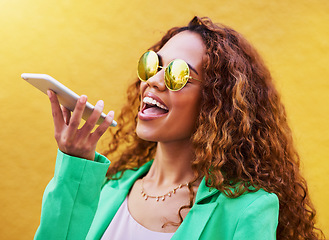 Image showing Audio message, conversation and woman on a phone call for communication, connection and chat. Voice assistant, record and girl speaking through a mobile for discussion and talking on a city wall