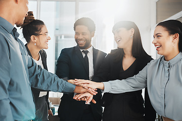 Image showing Business, staff and hands together for partnership, collaboration and happy for profit growth. Corporate, teamwork and group with support, diversity or solidarity for vision, lens flare or motivation