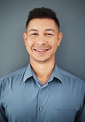 Image showing Portrait, business and man with smile, leadership and skills for company, startup and dark studio background. Face, male employee and manager with opportunity, happiness and ceo with growth and sales