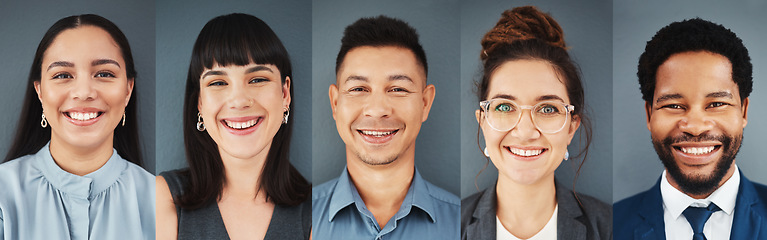 Image showing Collage, portrait and face of business people with smile, professional group and headshot on studio background. Diversity, employees and composite of happy corporate teamwork, global company or trust