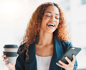 Image showing Phone, coffee and laughter with a business black woman laughing at a meme or joke on social media. Mobile, contact and humor with a funny female employee on the internet to enjoy happy comedy