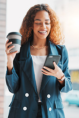 Image showing Phone, coffee and laugh with a business black woman laughing at a meme or joke on social media. Mobile, contact and humor with a funny female employee on the internet to enjoy happy comedy