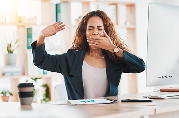 Image showing Tired, yawn and business woman at desk in office feeling exhausted, overworked and low energy. Lazy, sleepy and stretching female worker with burnout, fatigue and bored with job in startup company