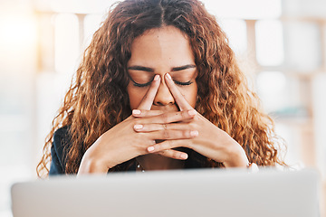 Image showing Stress, headache and tired business woman on laptop in office for 404 technology glitch. Frustrated worker, burnout and computer mistake with anxiety, fatigue and depression of problem with tax audit