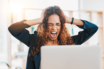 Image showing Screaming, mad and angry businesswoman on laptop at desk, crazy office and 404 technology glitch. Frustrated worker, stress and shouting at computer for crisis, mistake and anger at internet problem