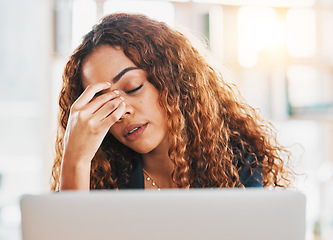 Image showing Burnout, headache and frustrated business woman on laptop in office of 404 technology glitch, crisis or problem. Sad worker, stress and computer mistake with anxiety, fatigue or face of mental health