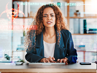 Image showing Angry businesswoman, computer and virus in cybersecurity, malicious software or application at office desk. Upset female employee by hacked desktop PC, scam or internet fraud and data error glitch
