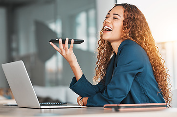 Image showing Businesswoman, laptop and phone laughing for funny joke, meme or conversation on speaker at office desk. Happy female employee laugh for fun discussion, talking or speaking on smartphone by computer