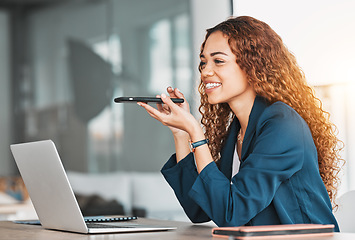 Image showing Businesswoman, laptop and phone for voice note in schedule planning, strategy or speaking at office desk. Happy female manager talking on smartphone speaker by computer for project plan at workplace