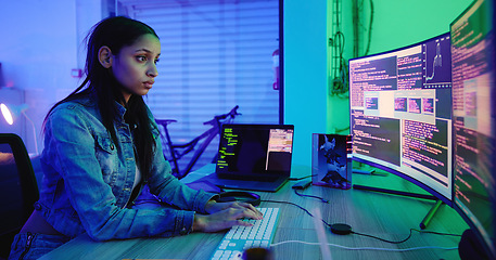 Image showing Serious developer, code and computer screen in neon programming, cybersecurity analytics or SEO night strategy. Programmer, woman and hacker technology coding on dark software, iot safety or password