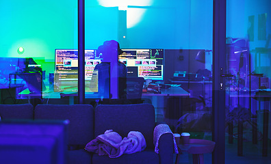 Image showing Hacker, back or computer screen in neon programming, cybersecurity ransomware or SEO night phishing in basement. Programmer, developer or woman on technology coding for dark software, iot bug or scam