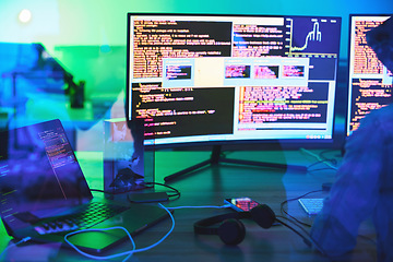 Image showing Developer, code or computer screen in neon programming, cybersecurity ransomware or SEO night phishing in basement. Hacker, programmer or woman on technology coding for dark software, iot bug or scam