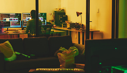 Image showing Developer, back or computer screen in neon programming, cybersecurity ransomware or SEO night phishing in basement. Hacker, programmer or woman on technology coding for dark software, iot bug or scam