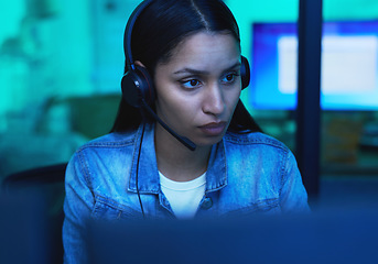 Image showing Serious woman, computer or headphones in neon home for iot coding, night seo programming or code cybersecurity. Programmer, developer or desktop technology and music or podcast for ux ideas planning