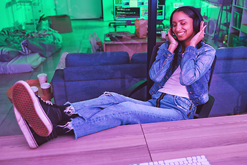 Image showing Programmer, headphones or relax in neon house after technology coding, software development or cybersecurity safety. Happy, smile or woman listening to music, radio or podcast in night programming