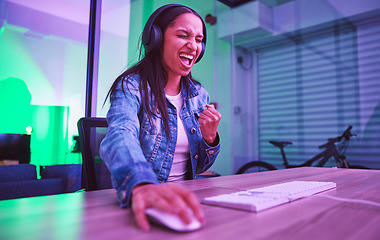 Image showing Woman, headphones or success fist in neon gaming, wow esports or challenge winner in night basement. Smile, happy or excited gamer cheering for game victory, cyberpunk achievement or yes expression