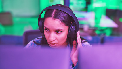 Image showing Developer, computer or headphones in neon programming for iot coding, night SEO thinking or code cybersecurity. Programmer, woman or desktop technology with music, radio or podcast for strategy ideas