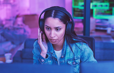 Image showing Developer, computer or headphones in neon coding for cybersecurity iot, night SEO thinking or code programming. Programmer, woman or desktop technology with music, radio or podcast for strategy ideas
