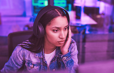 Image showing Thinking woman, computer or headphones in neon strategy for iot coding, night programming or code cybersecurity. Programmer, developer or desktop technology and music or podcast for ux ideas planning
