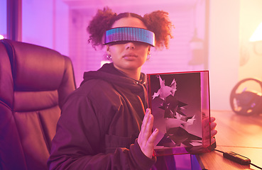 Image showing Woman, virtual reality glasses and 3d metaverse gamer for futuristic gaming in room. Person with vr tech and frame for ar, scifi and cyber world experience while streaming online digital fantasy game