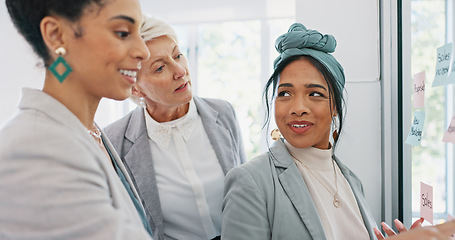 Image showing Teamwork, sticky note and collaboration of business people planning sales strategy in office. Innovation, glass wall and group of business women working together on advertising or marketing project.