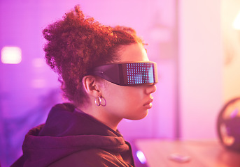 Image showing Metaverse, virtual reality and girl for gaming innovation, vr media and neon lighting at night. Female gamer, cyberspace technology and glasses for 3D experience, digital fantasy and gen z video game