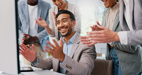 Image showing Businessman, team support and thank you with applause for success, celebrate and congratulations with diversity. Solidarity in workplace with respect, promotion bonus and business people community.