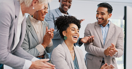 Image showing Business, black woman and applause for celebration, corporate deal or support. Female entrepreneur, ceo or team clapping, congratulations and company achievement for goal, target success or promotion