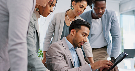 Image showing Teamwork, collaboration and group of business people with tablet for strategy, planning or brainstorming ideas. Meeting, leadership and employees with technology in discussion for advertising project