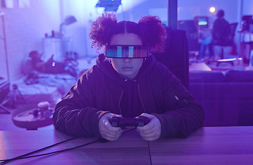 Image showing Virtual reality glasses, metaverse and woman gamer with controller for futuristic gaming in neon room. Person with ar tech for 3d, vr and cyber world experience streaming online digital fantasy game