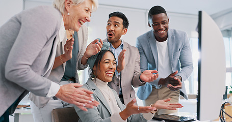 Image showing Business, black woman and applause for celebration, corporate deal or support. Female entrepreneur, ceo or team clapping, congratulations and company achievement for goal, target success or promotion