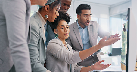 Image showing Computer, team work or woman with help from business people and working on a digital marketing SEO strategy. Collaboration, question or senior manager in a meeting with employees at a digital agency