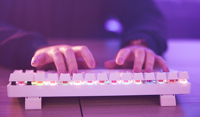 Image showing Gaming, keyboard and hands of a person typing for the internet, connection and communication. Cyber, email and gamer with technology for an online competition, game and challenge while streaming