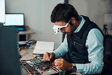 Image showing Technician, computer and engineer repair motherboard, microcircuit or electronic device in a workshop or shop. Person, man and guy fixing hardware with electric meter for technology in a lab